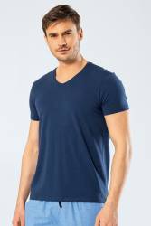 Erkek Pamuklu V Yaka Kısakol T-shirt, %95 Pamuk %5 Likra - Thumbnail
