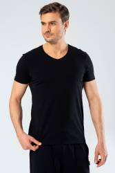 Erkek Pamuklu V Yaka Kısakol T-shirt, %95 Pamuk %5 Likra - Thumbnail