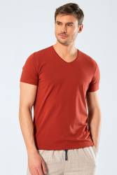 Erkek Pamuklu V Yaka Kısakol T-shirt, %95 Pamuk %5 Likra - Thumbnail