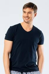 Erkek Pamuklu V Yaka Kısakol T-shirt, %95 Pamuk %5 Likra - Thumbnail