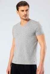 Erkek Pamuklu V Yaka Kısakol T-shirt, %95 Pamuk %5 Likra - Thumbnail