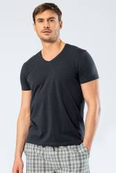 Erkek Pamuklu V Yaka Kısakol T-shirt, %95 Pamuk %5 Likra - Thumbnail
