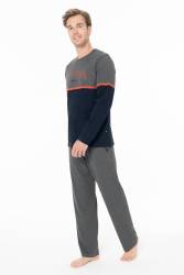 Erkek Penye Dokuma Renk Bloklu Ev Giyim Alt Üst Takım - Thumbnail