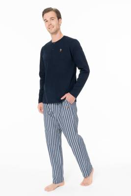 U.S. Polo Assn. - Erkek Pijama Takım, Alt Çizgili, Üst Düz Renk Düğmeli Yaka