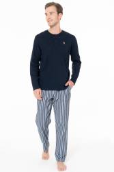 Erkek Pijama Takım, Alt Çizgili, Üst Düz Renk Düğmeli Yaka - Thumbnail