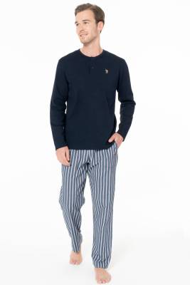 U.S. Polo Assn. - Erkek Pijama Takım, Alt Çizgili, Üst Düz Renk Düğmeli Yaka (1)