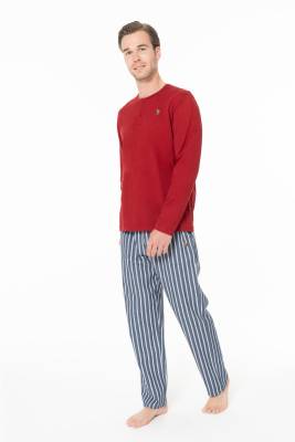 Erkek Pijama Takım, Alt Çizgili, Üst Düz Renk Düğmeli Yaka - 3