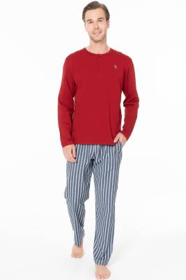 Erkek Pijama Takım, Alt Çizgili, Üst Düz Renk Düğmeli Yaka - 4