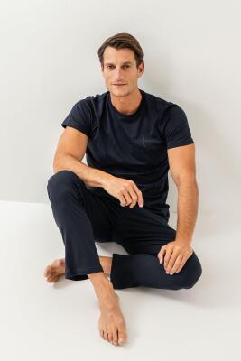 Erkek Pijama Takımı %100 Pamuk – Kısa Kollu Üst & Cepli Uzun Alt Rahat Ev Giyimi - 4