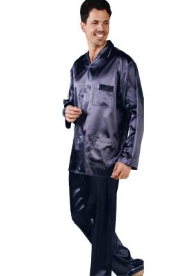 ANCELO - Erkek Saten Pijama Takım, Boydan Düğmeli ve Cep Detaylı