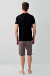 Erkek Siyah Kutulu 3’lü %100 Pamuk Pijama Takımı – Kısa Kollu Düğmeli Üst & Cepli Uzun Alt, Cepli Şort Set (1)