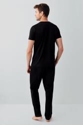 Erkek Siyah Kutulu 3’lü %100 Pamuk Pijama Takımı – Kısa Kollu Düğmeli Üst & Cepli Uzun Alt, Cepli Şort Set - 3