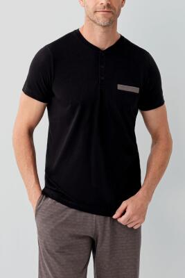 Erkek Siyah Kutulu 3’lü %100 Pamuk Pijama Takımı – Kısa Kollu Düğmeli Üst & Cepli Uzun Alt, Cepli Şort Set - 4