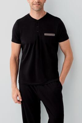 Erkek Siyah Kutulu 3’lü %100 Pamuk Pijama Takımı – Kısa Kollu Düğmeli Üst & Cepli Uzun Alt, Cepli Şort Set - 5