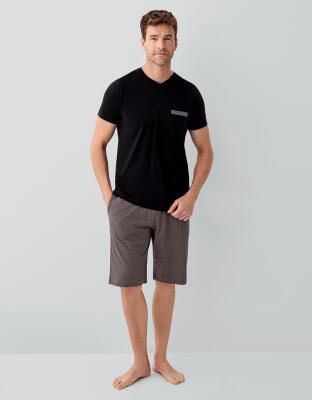 Erkek Siyah Kutulu 3’lü %100 Pamuk Pijama Takımı – Kısa Kollu Düğmeli Üst & Cepli Uzun Alt, Cepli Şort Set - 7