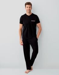 Erkek Siyah Kutulu 3’lü %100 Pamuk Pijama Takımı – Kısa Kollu Düğmeli Üst & Cepli Uzun Alt, Cepli Şort Set - 1