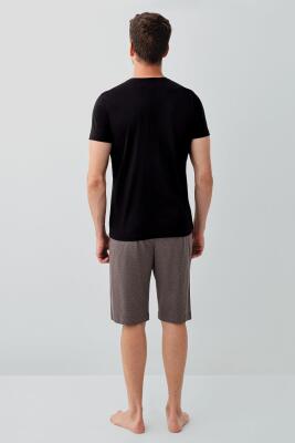 Erkek Siyah Kutulu 3’lü %100 Pamuk Pijama Takımı – Kısa Kollu Düğmeli Üst & Cepli Uzun Alt, Cepli Şort Set - 2