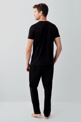 Erkek Siyah Kutulu 3’lü %100 Pamuk Pijama Takımı – Kısa Kollu Düğmeli Üst & Cepli Uzun Alt, Cepli Şort Set - 3