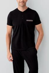 Erkek Siyah Kutulu 3’lü %100 Pamuk Pijama Takımı – Kısa Kollu Düğmeli Üst & Cepli Uzun Alt, Cepli Şort Set - 5