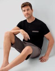 Erkek Siyah Kutulu 3’lü %100 Pamuk Pijama Takımı – Kısa Kollu Düğmeli Üst & Cepli Uzun Alt, Cepli Şort Set - 6