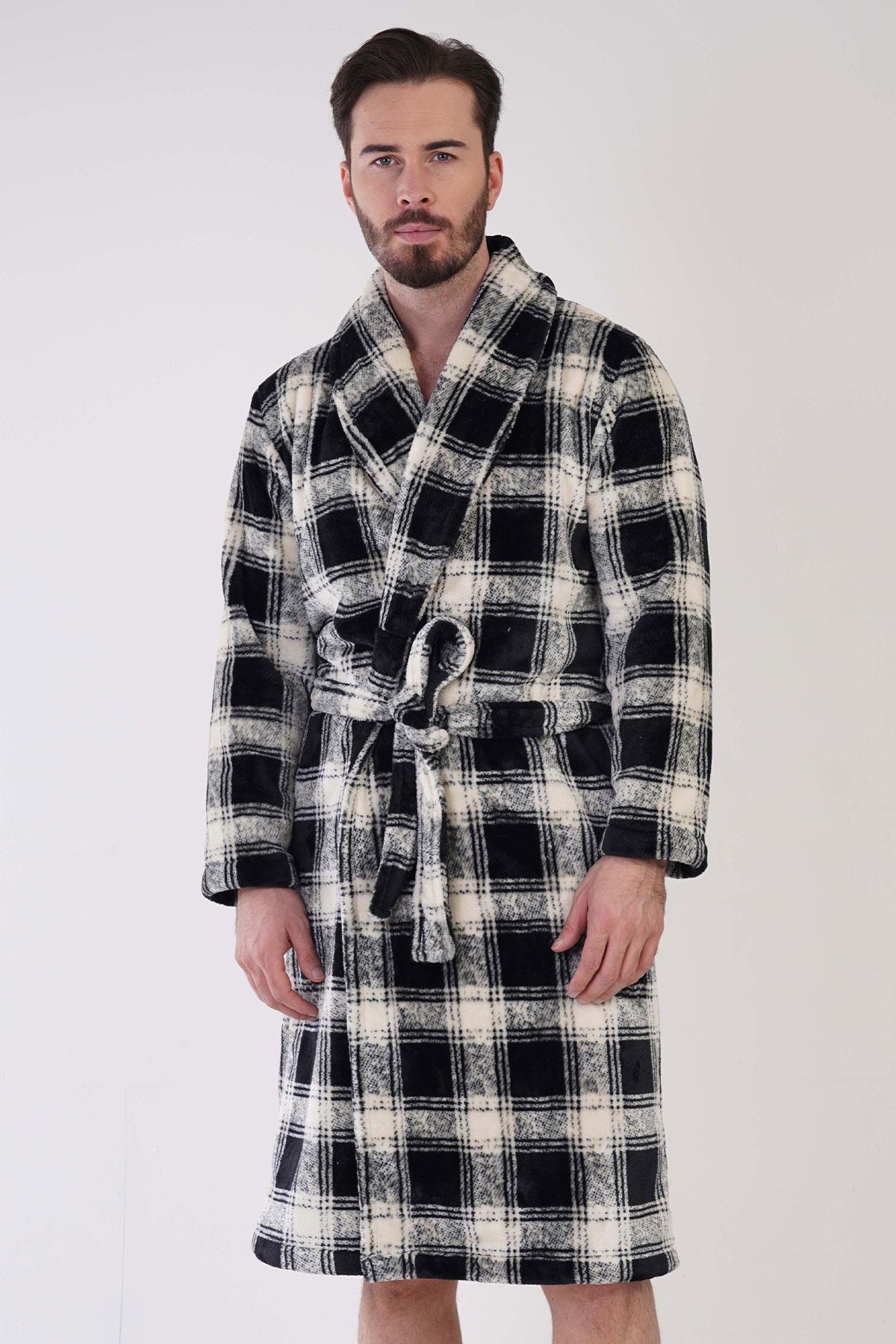 Erkek Süper Yumuşak Ekoseli Vienetta Welsoft Şal Yaka Uzun Kol Cepli Polar Sabahlık