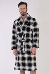 Erkek Süper Yumuşak Ekoseli Vienetta Welsoft Şal Yaka Uzun Kol Cepli Polar Sabahlık - Thumbnail