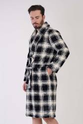 Erkek Süper Yumuşak Ekoseli Vienetta Welsoft Şal Yaka Uzun Kol Cepli Polar Sabahlık - Thumbnail