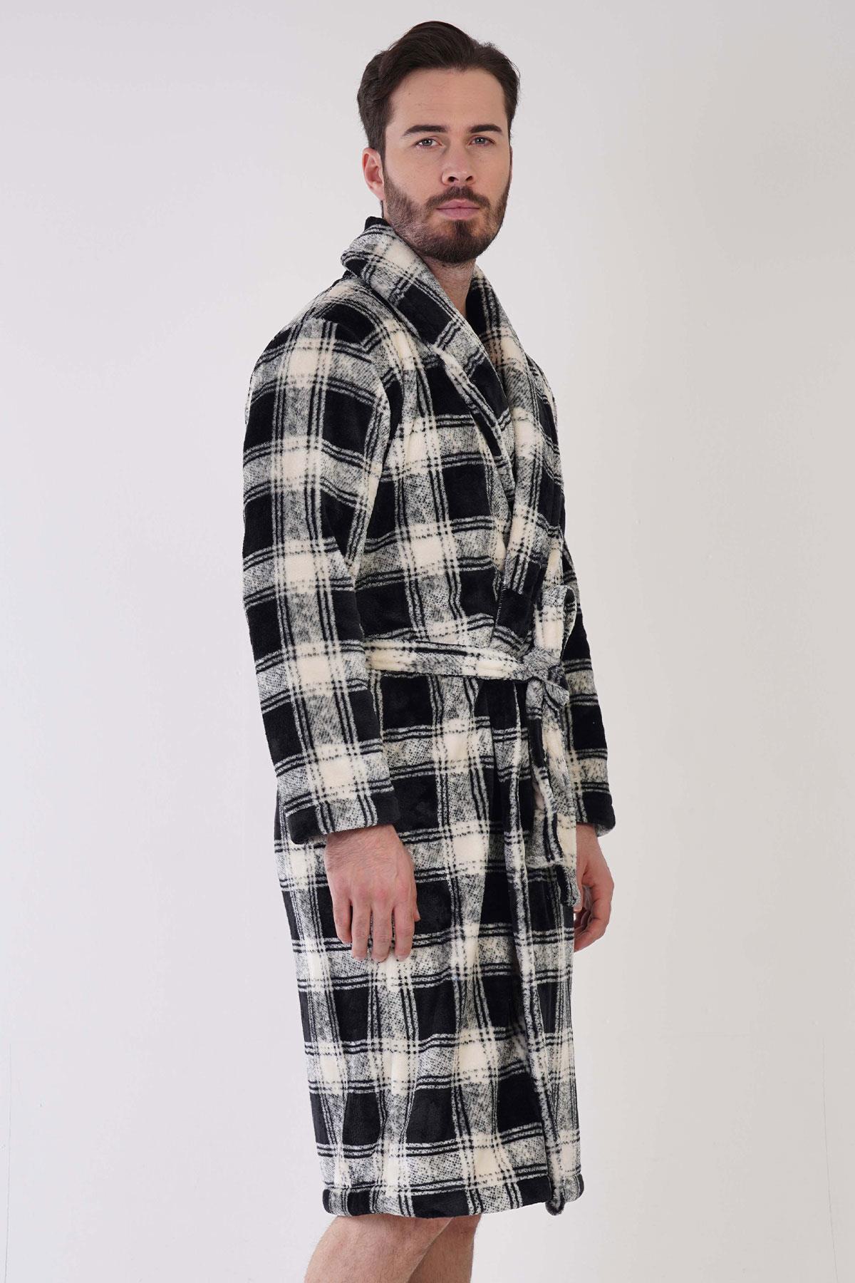 Erkek Süper Yumuşak Ekoseli Vienetta Welsoft Şal Yaka Uzun Kol Cepli Polar Sabahlık