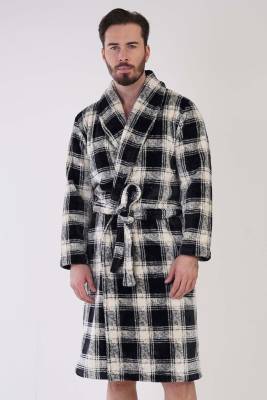 REN - Erkek Süper Yumuşak Ekoseli Vienetta Welsoft Şal Yaka Uzun Kol Cepli Polar Sabahlık