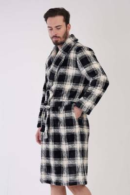 REN - Erkek Süper Yumuşak Ekoseli Vienetta Welsoft Şal Yaka Uzun Kol Cepli Polar Sabahlık (1)