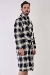 Erkek Süper Yumuşak Ekoseli Vienetta Welsoft Şal Yaka Uzun Kol Cepli Polar Sabahlık - Thumbnail