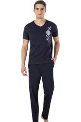 Erkek V Yaka %100 Pamuk Penye Pijama Takım - Thumbnail