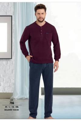 Erse - Erse Erkek Pijama Takım, %100 Pamuk, Selanik Dokuma, Kışlık Pijama, Cep Detay Uzun Kol