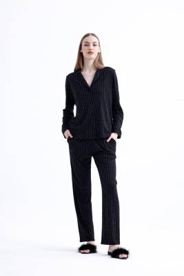 Espuar - Espuar Kadın Çizgili Gömlek Pijama Takım, Viskon kumaş, kutulu gönderim