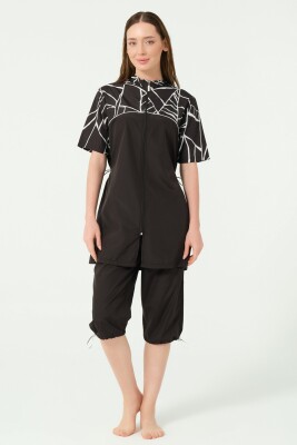 Fermuarlı Yarım Kapalı Tesettür Mayo, Solira Tarzı Şapkalı Yarım Kol Yarı Kapalı Mayo - 8