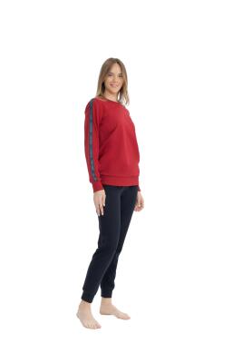 Kadın %100 Pamuk 2 İplik Dokuma Dar Paça Kolları Manşetli Ev Giyim Pijama Takım - 2