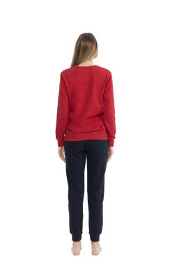 Kadın %100 Pamuk 2 İplik Dokuma Dar Paça Kolları Manşetli Ev Giyim Pijama Takım - 3