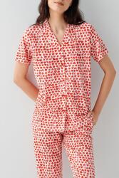 Kadın %100 Pamuk Kısa Kollu Düğmeli Pijama Takımı – Kalpli Desen, Yazlık Rahat Ev Giyimi - 3
