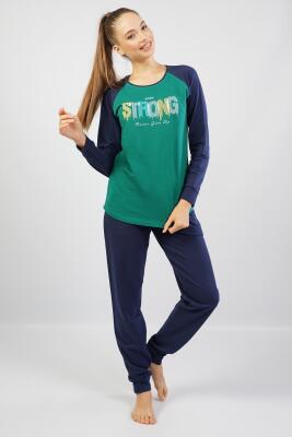 Kadın %100 Pamuk Pijama Takım, Uzunkol Dar Paça - 1