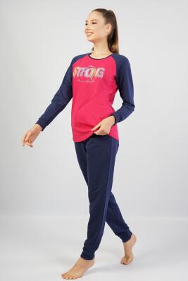 Kadın %100 Pamuk Pijama Takım, Uzunkol Dar Paça - 4