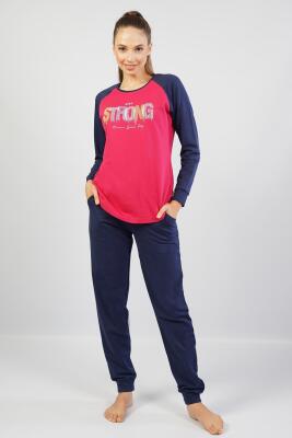 Kadın %100 Pamuk Pijama Takım, Uzunkol Dar Paça - 17