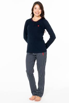 U.S. Polo Assn. - Kadın %100 Pamuklu Mevsimlik Düğmeli Yaka Uzunkol Pijama Ev Giyim (1)