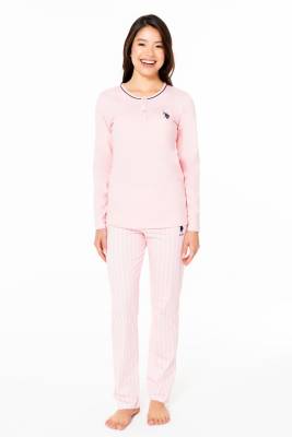 U.S. Polo Assn. - Kadın %100 Pamuklu Mevsimlik Düğmeli Yaka Uzunkol Pijama Ev Giyim