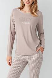 Kadın %100 Pamuklu Pijama Takım, Uzunkol, Cepli, Yazı Baskılı - Thumbnail