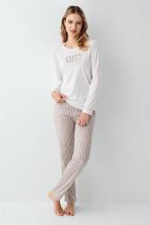 Kadın %100 Pamuklu Pijama Takım, Uzunkol, Cepli, Yazı Baskılı - Thumbnail