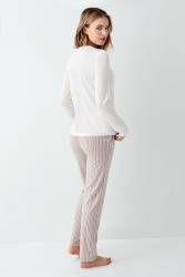 Kadın %100 Pamuklu Pijama Takım, Uzunkol, Cepli, Yazı Baskılı - Thumbnail