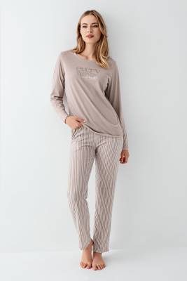 Arnetta - Kadın %100 Pamuklu Pijama Takım, Uzunkol, Cepli, Yazı Baskılı (1)