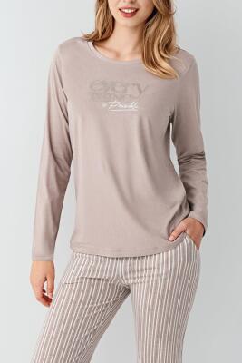 Kadın %100 Pamuklu Pijama Takım, Uzunkol, Cepli, Yazı Baskılı - 3