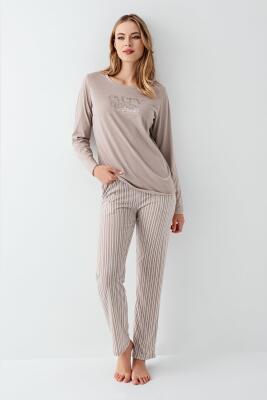 Kadın %100 Pamuklu Pijama Takım, Uzunkol, Cepli, Yazı Baskılı - 2