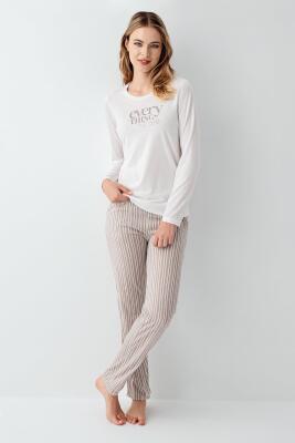 Kadın %100 Pamuklu Pijama Takım, Uzunkol, Cepli, Yazı Baskılı - 5